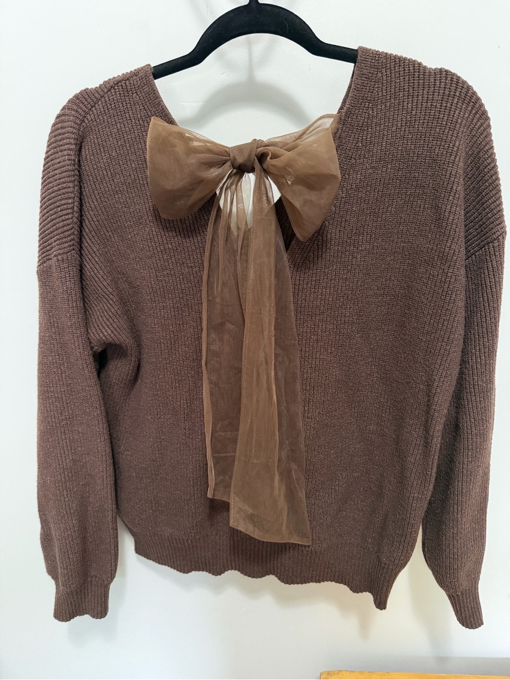 Blu Pepper Brown Crewneck Sweater with Sheer Bow Back
